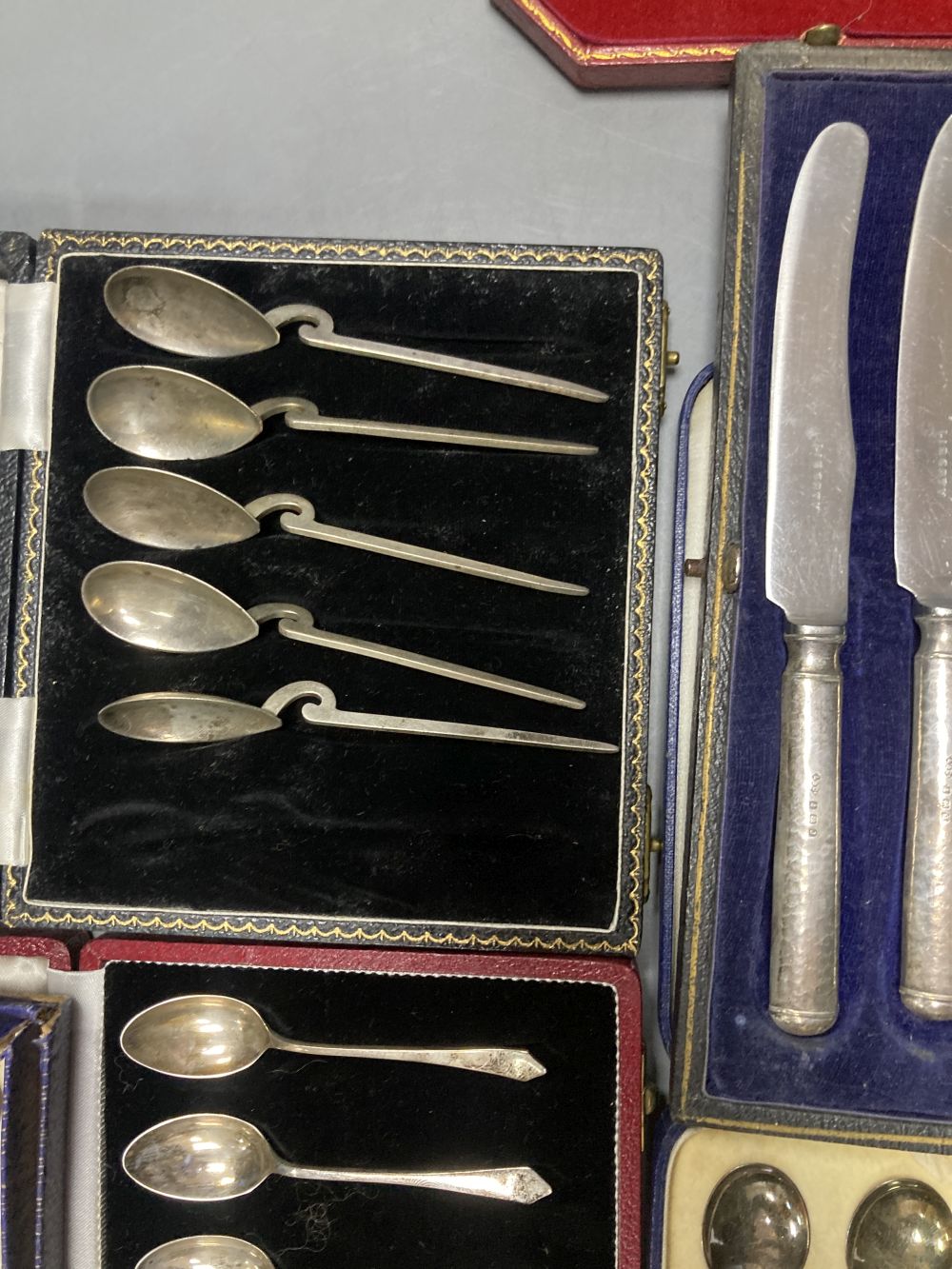 Six assorted cased sets of English and Continental silver flatware